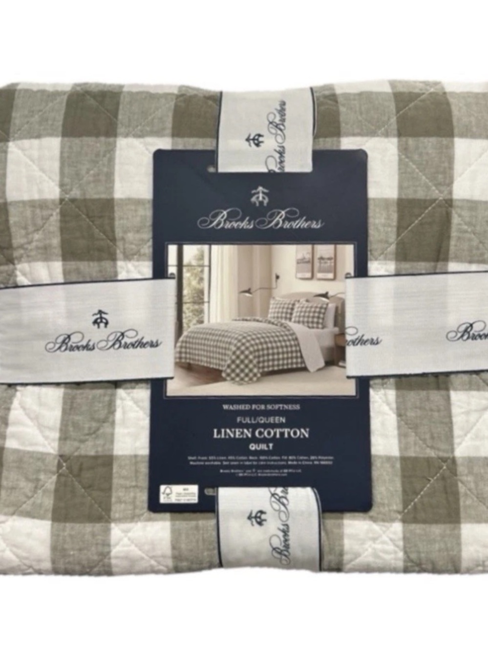 Brooks Brothers Full/Queen Linen Cotton Green and White Plaid Quilt 88”x92”